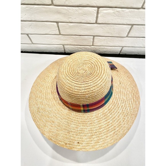 Wheat Natural Panama hat wide brim Straw large summer sun Rainbow Ribbon Accent - Picture 2 of 7